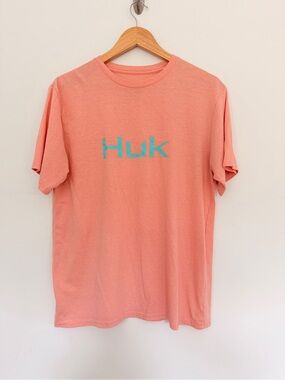 HUK Logo Performance T Shirt Basic Bright Coral and Blue Women’s Sz Medium